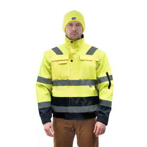 سترة أمان Aykrm hi vis للرجال، سترة بغطاء رأس عاكسة للضوء عالية الوضوح، سترة بومبر Hi-Vis مع جيوب وسحاب، مقاومة للماء (AC5-003)
